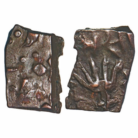 Lunawada, Copper ½ Paisa, 3.84g, Vakhat Singhji, Obv: Dieties hand with rulers initian (Ma