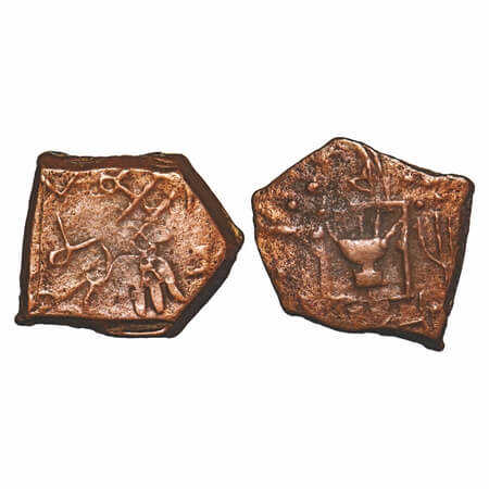 Lunawada, Copper Paisa, 7.14g, Vakhat Singhji, Obv: Dieties hand in square with lunawada, 