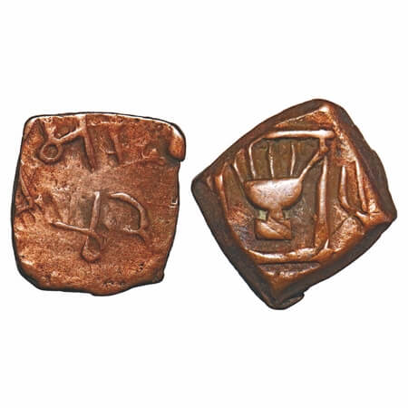 Lunawada, Copper ½ Paisa, 3.60g, Vakhat Singhji, Obv: Dieties hand in square with lunawada