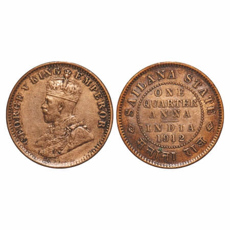 Sailana, Copper ¼ Anna, 4.85g, Jaswant Singh (1890-1919 AD), 1912 AD, bust of George V on 