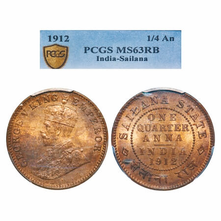 Sailana, Copper ¼ Anna, Jaswant Singh (1890-1919 AD), 1912 AD, bust of George V on obv. KM