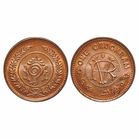 Travancore, Copper One Chukram, 10.23g, Rama Verma VI, (1885-1924 AD), struck during 1906-