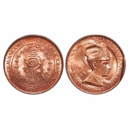Travancore, Bronze Chukram, 7.78g, Bala Rama Varma II, portrait type, Cud error. KM 60. Ex