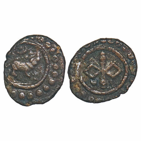 Travancore, Copper Thira Cash, 1.12g, Obv: Makara to right, Rev: Emblem of Trippapur and s