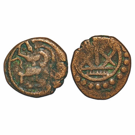 Travancore, Copper Thira Cash, 1.13g, Obv: Vyaghrapadamuni, Rev: Jayasimhanad Emblem. Been