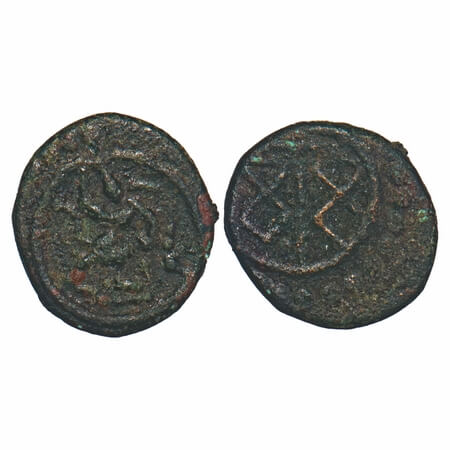 Travancore, Copper Thira Cash, 0.99g, Obv: Vyaghrapadamuni, Rev: Jayasimhanad emblem. Been