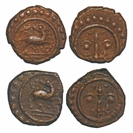 Travancore, Copper Thira Cash (2 Coins), 1.63 & 1.32g, Obv: Deer to right head turned back