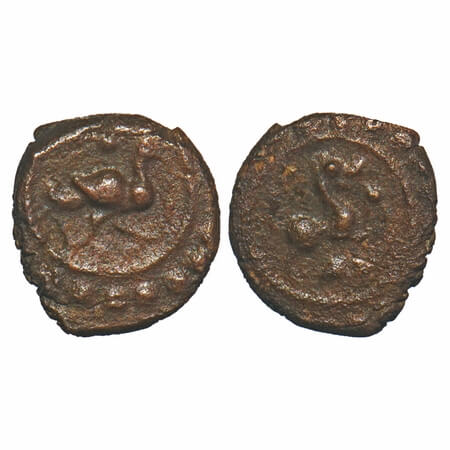 Travancore, Copper Thira Cash, 1.51g, Obv: Yali, Rev: Bird to right. Beena Sarasan 353 typ