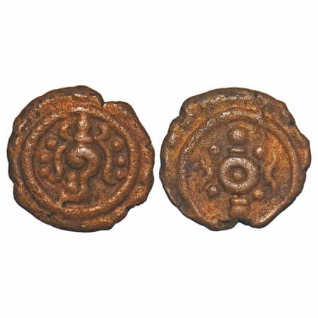 Travancore, Copper Thira Cash, 1.19g, Obv: Decorated chakra, Rev: Decorated sankhu. Beena 