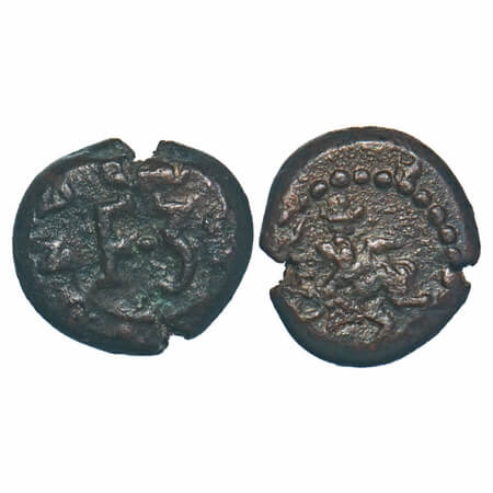 Indo Danish, Copper Kas, 2.26g, Frederik III, Obv: Crowned F3, Rev: Crowned Norse Lion on 