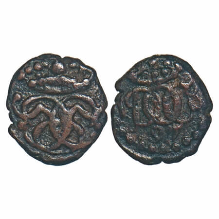 Indo Danish, Copper Cash, 0.92g, Christian V (1670-1699 AD), 1697, Obv: Crowned double C5 