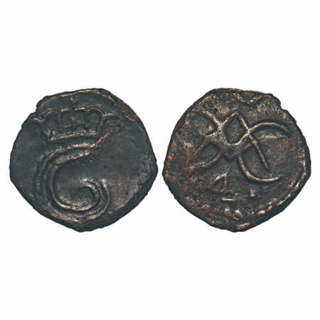 Indo Danish, Copper 4 Cash, 2.39g, Christian VI (1730-1746 AD), ND, Obv: Crowned C6 entwin