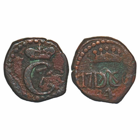 Indo Danish, Copper 4 Cash, 2.53g, Christian VII (1766-1808 AD), 177(0), Obv: Crowned C7,