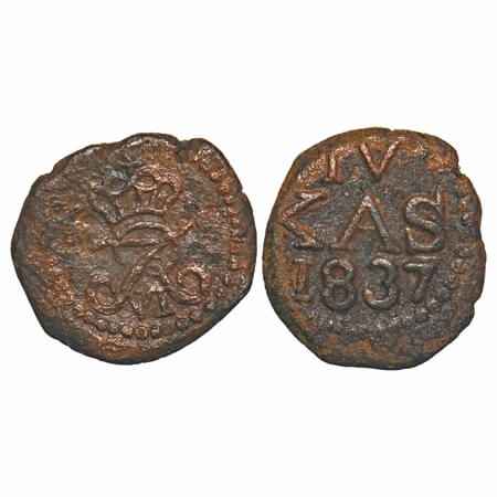Indo Danish, Copper 4 Kas, 2.29g, Frederik VI (1808-1839 AD), 1837 AD, Obv: Crowned FviR m