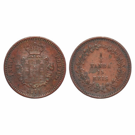 Indo Portuguese, Copper, ¼ Tanga / 15 Reis, 9.45g, D. Luis (1861-1889 AD), 1871 AD, Goa is