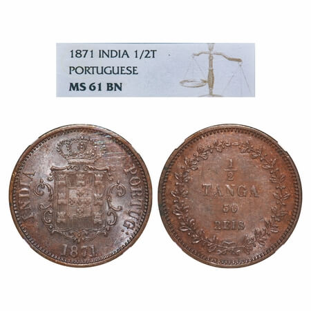 Indo Pourtuguese, Copper, ½ Tanga / 30 Reis, D. Luis (1861-1889 AD), 1871 AD, Goa issue, C
