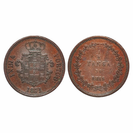 Indo Pourtuguese, Copper, ½ Tanga / 30 Reis, 18.85g, D. Luis (1861-1889 AD), 1871 AD, Goa 