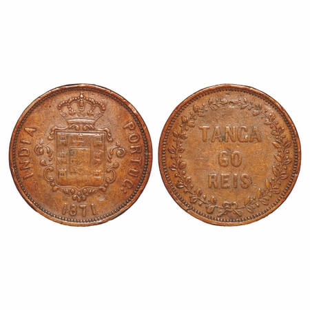 Indo Portuguese, Copper 60 Reis, 37.70g, D Luis (1861-1889 AD), 1871 AD, Goa issue, Coat o
