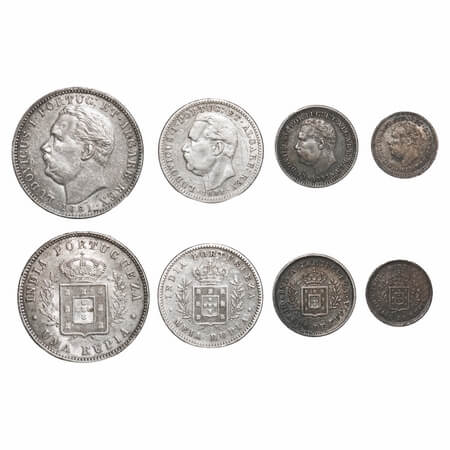Pourtuguese India, Silver 1/8, ¼, ½, 1 Rupee set (4 coins), D Luis (1861-1889 AD), 1881 AD