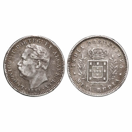 Indo Portuguese, Silver ½ Rupia, 5.70g, D Luis (1861-1889 AD), 1881 AD, Goa issue, date, B