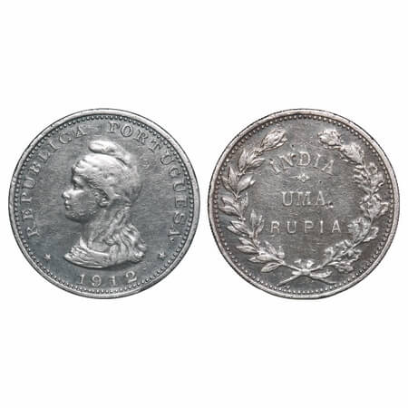 Indo Portuguese, Silver Rupia, 11.63g, Republic (1910-1961 AD), 1912 (overstruck 2 over 1 