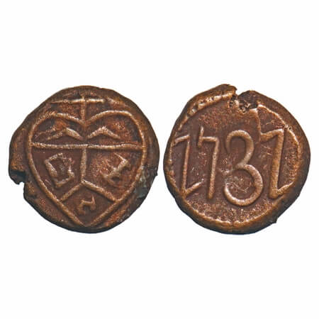 Madras Presidency, Copper Cash, 1.27g, 1733 AD, Obv: Bale mark E I C, Rev: 1737. P.Stevens