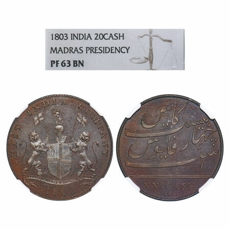 Madras Presidency, Copper XX (Twenty) Cash Proof, Struck at Soho Mint, 1803 AD, Obv: Coat 