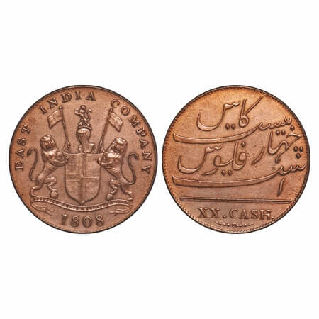 Madras Presidency, Copper XX (Twenty) Cash, 9.46g (Light Issue), struck at Soho Mint, 1808