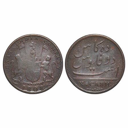 Madras Presidency, Copper X (Ten) Cash, 4.50g (light Issue), Struck at Soho Mint, 1808 AD,