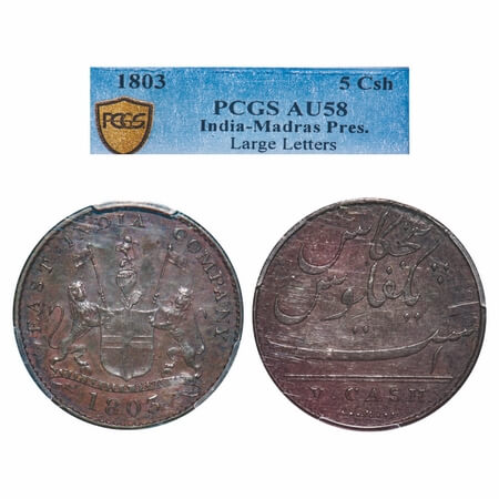 Madras Presidency, Copper V (Five) Cash, Struck at Soho Mint, 1803 AD, Obv: Coat of Arms o