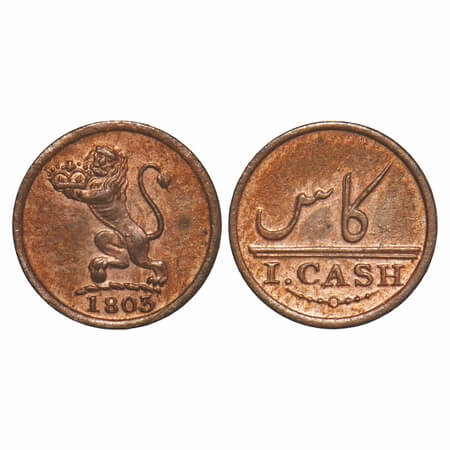 Madras Presidency, Copper Cash, 0.67g, (1803-1808 AD Issue). 1803 AD, Obv: Arms of EIC Com