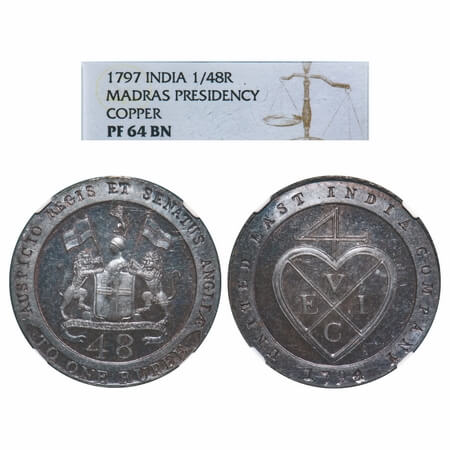Madras Presidency, Copper Dub / 1/48 of Rupee Proof, Struck at Soho Mint, (1794 -1797 AD I