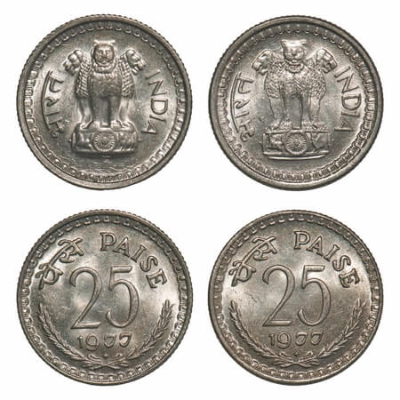 25 Paise, (2 Coins), 1977, Cu-Ni, Bombay Mint, 2 different lion types on obverse. Uncircul
