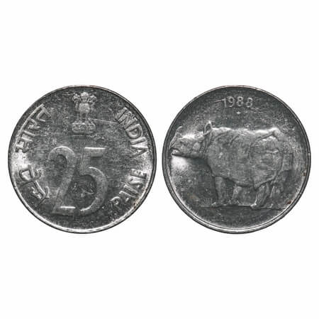 25 Paise, FSS, 1988, Rhino, Hyderabad Mint. Uncirculated, Very Scarce.