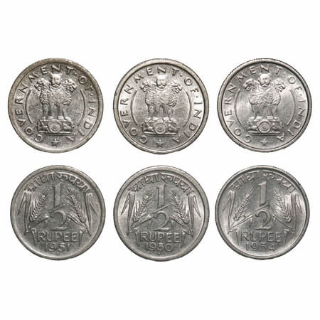 1/2 Rupee (3 Coins), Nickel, 1)1950 Bombay Mint, 2) 1951 Bombay Mint, 3) 1954 Calcutta Min