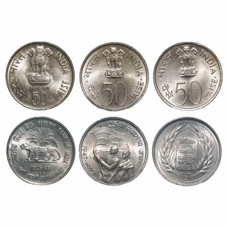 50 Paise (3 Coins), Cu-Ni, 1)1972, 25th Anniversary of Independence, Bombay Mint, 2) 1973,
