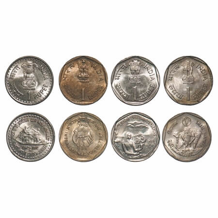 1 Rupee, (4 Coins), Copper Nickel, Mumbai Mint, 1)1985, International Youth Year, 2) 1987 