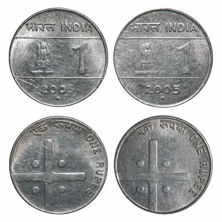 1 Rupee, (2 Coins), 2005, Cross unity and Diversity, Hyderabad Mint, 1 coin is die rotatio