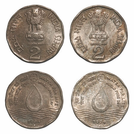 2 Rupees, (2 Coins), 1994, Cu-Ni, Water For Life, Calcutta Mint, 1) 2A obv. 2) 2B obv, die