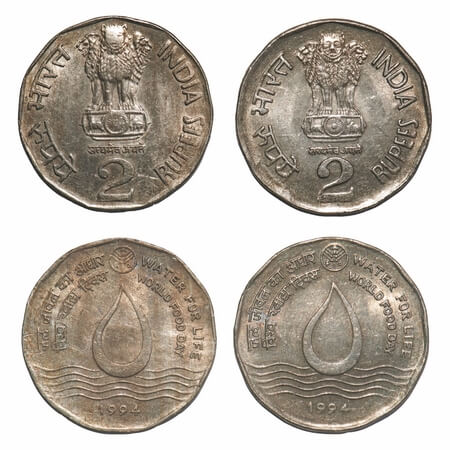 2 Rupees, (2 Coins), 1994, Cu-Ni, Water For Life, Calcutta Mint, 1) 2A obv. 2) 2B obv, die