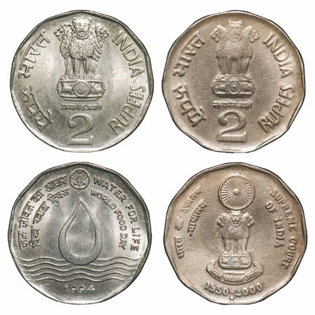 2 Rupees (2 Coins), Copper Nickel, 1) 1994, Water for Life, Calcutta Mint. 2) 2000, Suprem