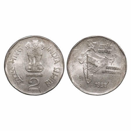 2 Rupees, 1998, Cu-Ni, Calcutta Mint, type D lion on obverse, reengraved chest of lion, in