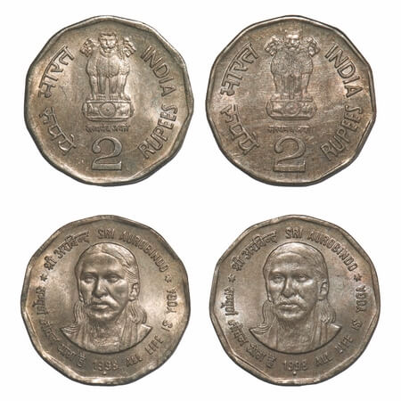 2 Rupees, (2 Coins), 1998, Cu-Ni, Sri Aurobindo, Bombay Mint, 1) 2C obv, 2) 2D obv, die va