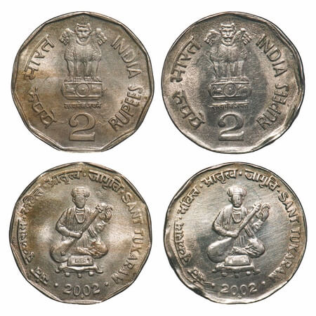 2 Rupees (2 Coins), 2002, Copper-Nickel, 6.02g, Sant Tukaram, Hyderabad & Mumbai Mint. Alm