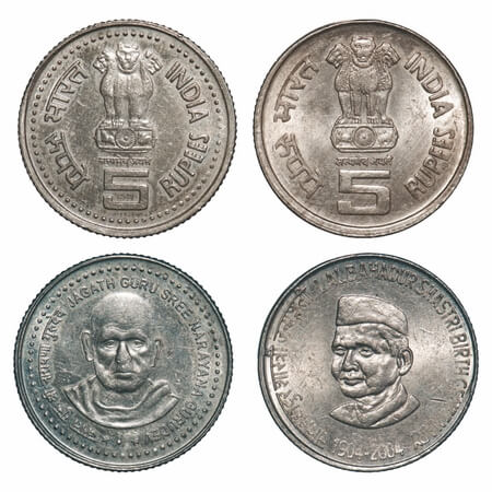 5 Rupees (2 Coins), Cu-Ni, 2004, Lal Bahadur Shashtri, Kolkata Mint & 2006, Jagat Guru Sre