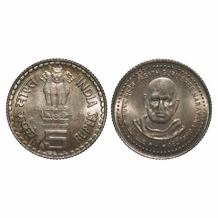 5 Rupees, 2006, Cu-Ni, 9.17g, Jagat Guru Sree Narayan Gurudev, Bombay Mint, Type 5E Obv (M
