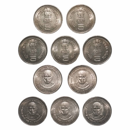 5 Rupees, 2006, (5 coins), Cu-Ni, 9.07g, Jagat Guru Sree Narayan Gurudev, Bombay Mint. Ext