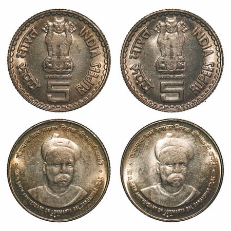 5 Rupees (2 Coins), 2007, Copper-Nickel, 150th Birth Anniversary of Lokmanya Bal Gangadhar