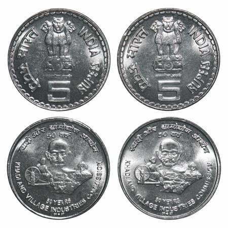 5 Rupees (2 Coins), 2007, FSS, 50 Years of Khadi & Village Industries commission, Bombay M