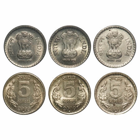 5 Rupees (3 coins), 2009, Brass, Hyderabad mint, 1) stout lion, year date 2009 different, 